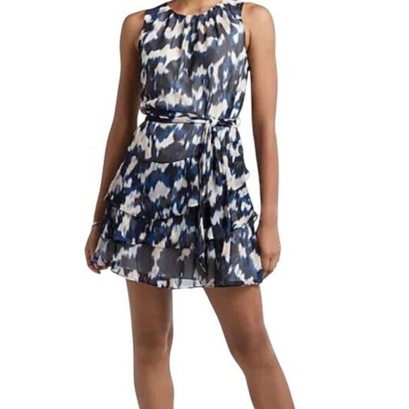 Express Dresses & Skirts - Express Womens M Ikat Blue Ruffled Tier Sheer Fit Flare Business Casual Dress